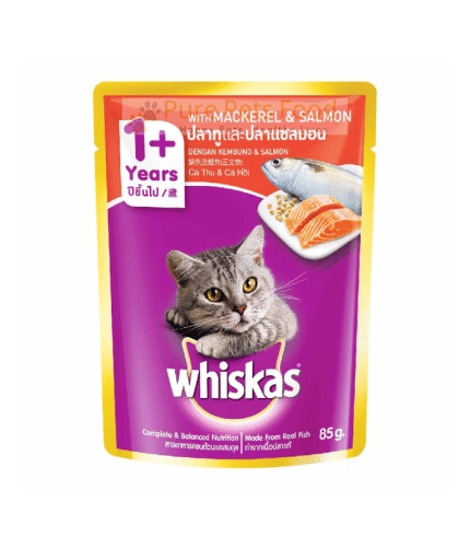 Whiskas 1+ Mackerel and Salmon Flavor Pouch for Adult Cats (80g)